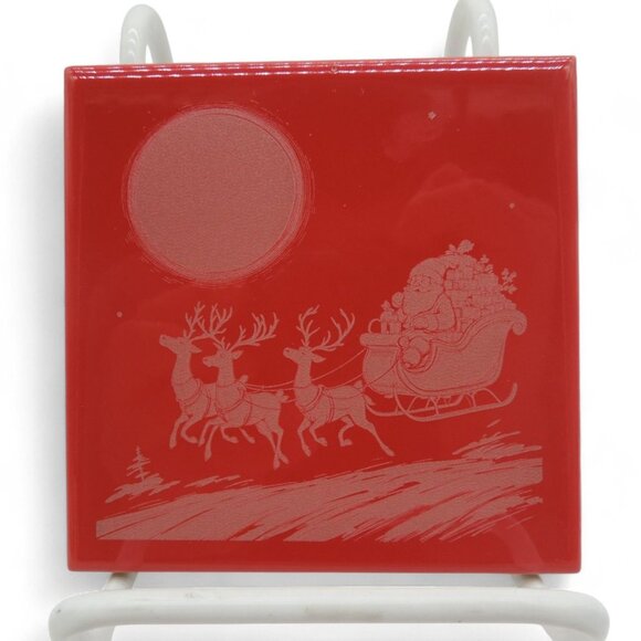 CHRISTMAS Tile Ceramic Engraved Santa Sleigh And Snowman Scenes Set of 4 - Picture 4 of 9